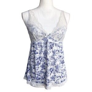 Laura Ashley Blue White Toile Lace Babydoll Cami Tank Small